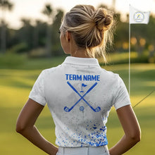 Load image into Gallery viewer, Blue And White Polygonal Pattern Womens Golf Polo Shirts Custom White Golf Clubs Golf Shirt For Ladies NHN0101