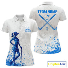 Load image into Gallery viewer, Blue And White Polygonal Pattern Womens Golf Polo Shirts Custom White Golf Clubs Golf Shirt For Ladies NHN0101