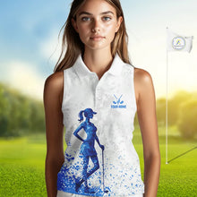 Load image into Gallery viewer, Blue And White Womens Sleeveless Golf Polo Shirt Custom White Golf Clubs Golf Shirt For Ladies NHN0101