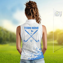 Load image into Gallery viewer, Blue And White Womens Sleeveless Golf Polo Shirt Custom White Golf Clubs Golf Shirt For Ladies NHN0101