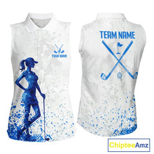 Load image into Gallery viewer, Blue And White Womens Sleeveless Golf Polo Shirt Custom White Golf Clubs Golf Shirt For Ladies NHN0101