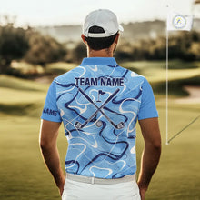 Load image into Gallery viewer, Blue And White Mens Golf Polo Shirts Custom Blue Camo Golf Tops For Men, Personalized Golf Gifts NHN0112