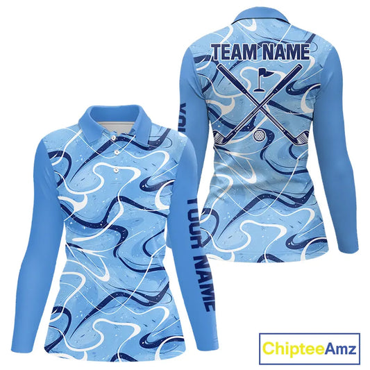 Blue And White Womens Long Sleeve Golf Polo Shirt Custom Blue Camo Golf Tops For Ladies, Golf Gifts NHN0112