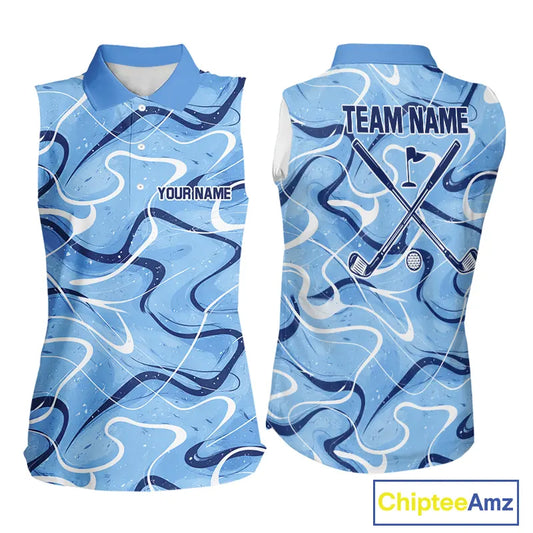 Blue And White Womens Sleeveless Golf Polo Shirt Custom Blue Camo Golf Tops For Ladies, Golf Gifts NHN0112