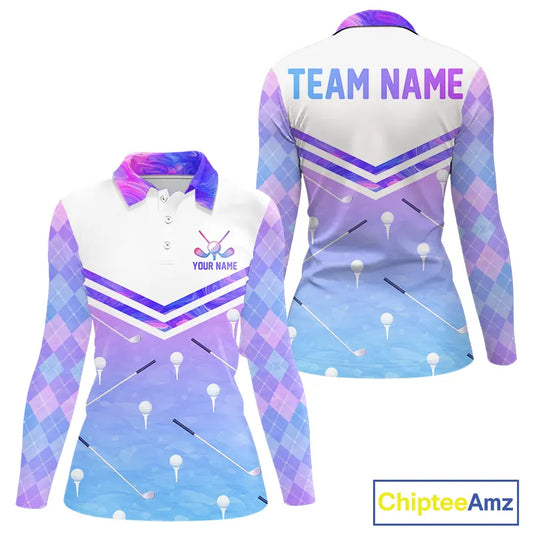 Argyle Womens Long Sleeve Golf Polo Shirt Custom Pink & Purple Plaid Golf Clubs Pattern Team Golf Top NHN0116