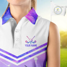 Load image into Gallery viewer, Argyle Womens Sleeveless Golf Polo Shirt Custom Pink &amp; Purple Plaid Golf Clubs Pattern Team Golf Top NHN0116