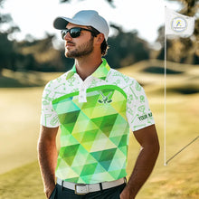 Load image into Gallery viewer, Green Geometric Triangle Pattern Mens Golf Polo Shirt Custom Golf Clubs &amp; Golf Ball Mens Golf Tops NHN0121