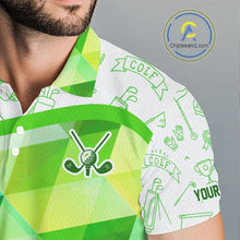 Load image into Gallery viewer, Green Geometric Triangle Pattern Mens Golf Polo Shirt Custom Golf Clubs &amp; Golf Ball Mens Golf Tops NHN0121