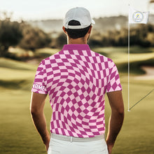 Load image into Gallery viewer, Plaid Mens Golf Polo Shirt Custom Purple &amp; Pink Checkerboard Argyle Pattern Golf Shirts For Men NHN0128