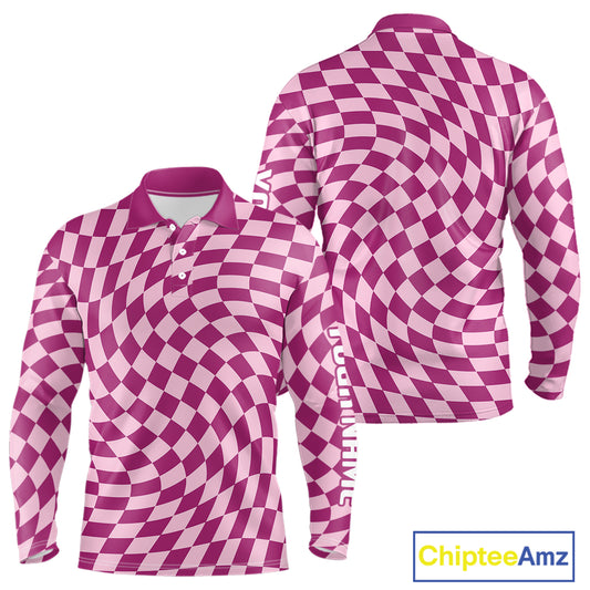 Plaid Long Sleeve Golf Polo Shirt Custom Purple & Pink Checkerboard Argyle Pattern Golf Shirts NHN0128
