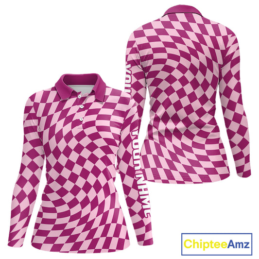 Plaid Womens Long Sleeve Golf Polo Shirt Custom Purple & Pink Checkerboard Argyle Pattern Golf Shirts NHN0128