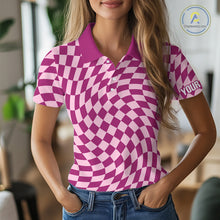 Load image into Gallery viewer, Plaid Womens Golf Polo Shirt Custom Purple &amp; Pink Checkerboard Argyle Pattern Golf Shirts For Ladies NHN0128