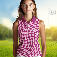 Load image into Gallery viewer, Plaid Womens Sleeveless Golf Polo Shirt Custom Purple &amp; Pink Checkerboard Argyle Pattern Golf Gifts NHN0128