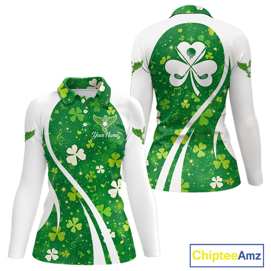 Womens Long Sleeve Golf Polo Shirt Custom Name Green Music Angel Wing Golf Ball St Patrick’S Day Shirt NHN0133