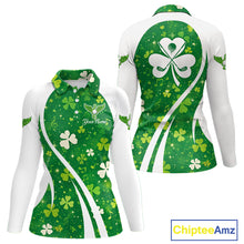 Load image into Gallery viewer, Womens Long Sleeve Golf Polo Shirt Custom Name Green Music Angel Wing Golf Ball St Patrick’S Day Shirt NHN0133