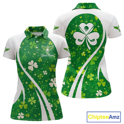 Womens Golf Polo Shirt Custom Name Green Music Angel Wing Golf Ball St Patrick’S Day Golf Outfit NHN0133