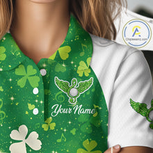Load image into Gallery viewer, Womens Golf Polo Shirt Custom Name Green Music Angel Wing Golf Ball St Patrick’S Day Golf Outfit NHN0133