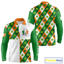 Load image into Gallery viewer, Argyle Long Sleeve Golf Polo Shirt Custom Ireland Flag St Patricks Day Green Clovers Plaid Golf Top NHN0141