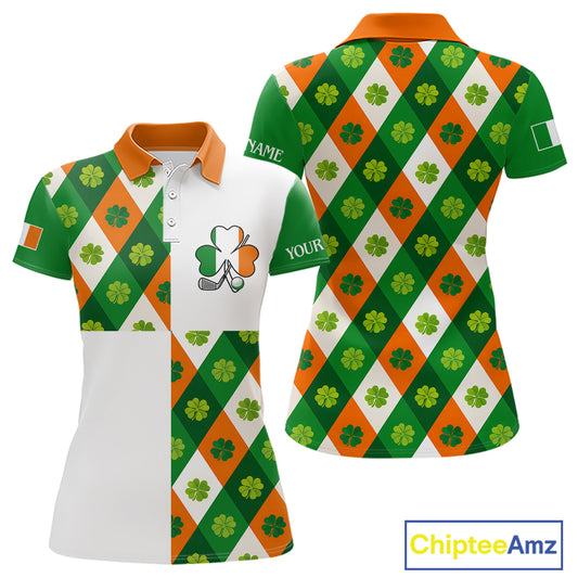 Argyle Womens Golf Polo Shirts Custom Ireland Flag St Patricks Day Green Clovers Plaid Golf Tops NHN0141