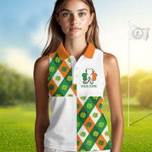 Load image into Gallery viewer, Argyle Womens Sleeveless Golf Polo Shirt Custom Ireland Flag St Patricks Day Green Clovers Plaid Golf Top NHN0141