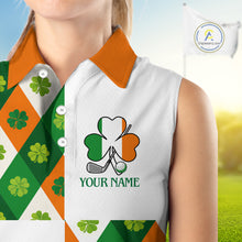 Load image into Gallery viewer, Argyle Womens Sleeveless Golf Polo Shirt Custom Ireland Flag St Patricks Day Green Clovers Plaid Golf Top NHN0141