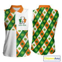 Load image into Gallery viewer, Argyle Womens Sleeveless Golf Polo Shirt Custom Ireland Flag St Patricks Day Green Clovers Plaid Golf Top NHN0141