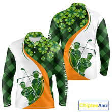 Load image into Gallery viewer, Long Sleeve Golf Polo Shirt Custom Green Clover St Patricks Day Plaid Pattern Golf Tops Personalized NHN0144