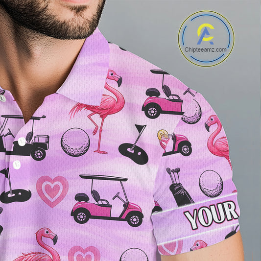 Mens Golf Polo Shirts Custom Funny Flamingo Heart Pattern Team Golf Tops For Men, Golf Gifts NHN0176