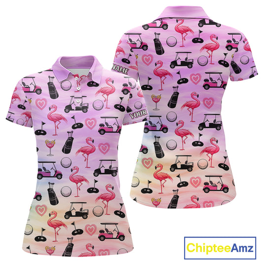 Womens Golf Polo Shirts Custom Funny Flamingo Heart Pattern Team Ladies Golf Tops, Golf Gifts NHN0176