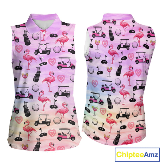 Womens Sleeveless Golf Polo Shirts Custom Funny Flamingo Heart Pattern Team Ladies Golf Top, Golf Gift NHN0176