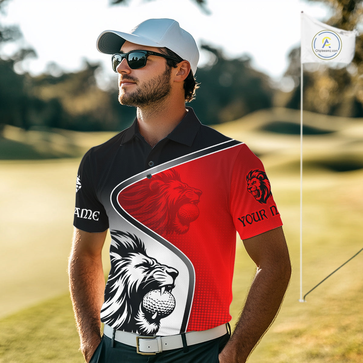 Lion Mens Golf Polo Shirt Custom Red And Black Pattern Lion Golf Ball Best Golf Shirt For Men NHN0058