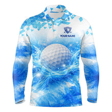 Load image into Gallery viewer, Blue Long Sleeve Golf Polo Shirt Custom Water Splash Pattern With Golf Ball, Group Name Golf Tops NHN0219