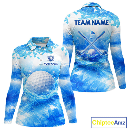 Blue Womens Long Sleeve Golf Polo Shirt Custom Water Splash Pattern With Golf Ball, Team Golf Tops NHN0219