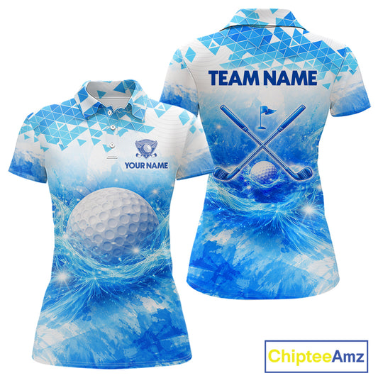 Luxury Blue Womens Golf Polo Shirt Custom Water Splash Pattern With Golf Ball Team Name Golf Tops NHN0219