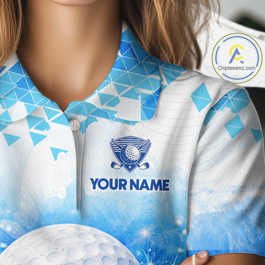 Luxury Blue Womens Golf Polo Shirt Custom Water Splash Pattern With Golf Ball Team Name Golf Tops NHN0219