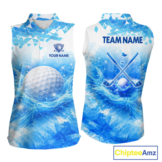 Blue Womens Sleeveless Golf Polo Shirt Custom Water Splash Pattern With Golf Ball Team Golf Top NHN0219