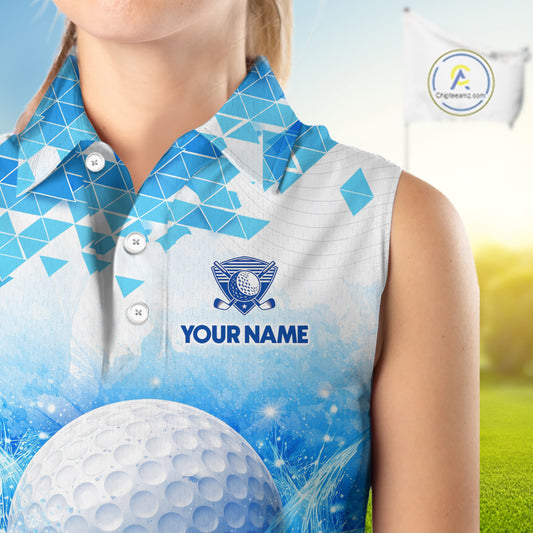 Blue Womens Sleeveless Golf Polo Shirt Custom Water Splash Pattern With Golf Ball Team Golf Top NHN0219