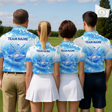 Load image into Gallery viewer, Luxury Blue Womens Golf Polo Shirt Custom Water Splash Pattern With Golf Ball Team Name Golf Tops NHN0219