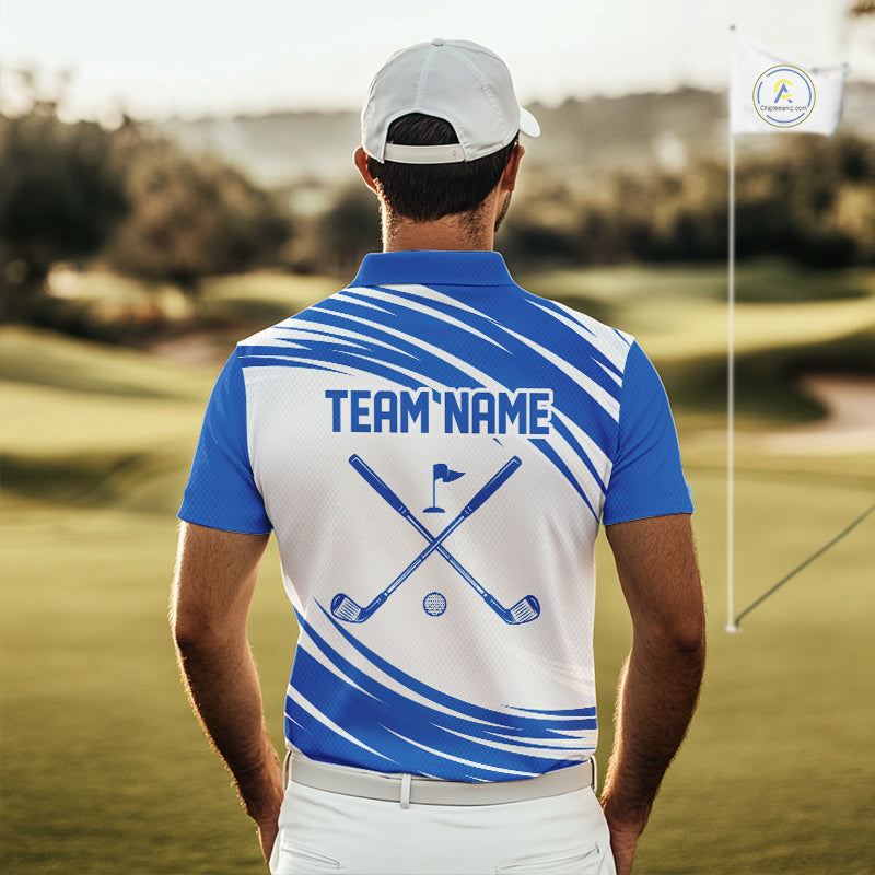 Blue And White Mens Golf Polo Shirt Custom Name Golf Shirts For Team Personalized Golf Gifts NHN0094