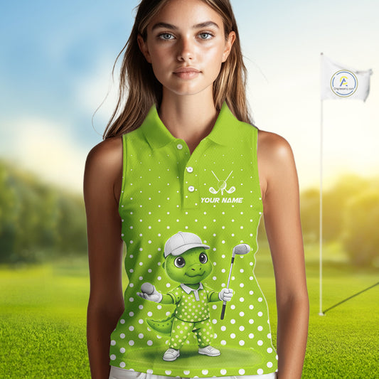Funny Dinosaur Womens Sleeveless Golf Polo Shirt Green Pattern Custom Dinosaur Golf Shirts NHN0100