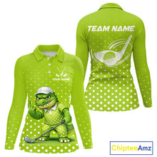 Load image into Gallery viewer, Funny Alligator Womens Long Sleeve Golf Polo Shirt Custom Name Green Ladies Golf Top Funny Golf Gifts NHN0104