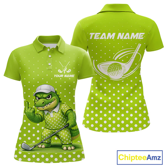 Funny Alligator Golf Polo Shirt For Women Custom Name Green Ladies Golf Apparel Funny Golf Gifts NHN0104