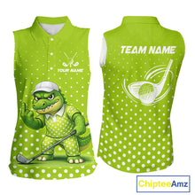 Load image into Gallery viewer, Funny Alligator Womens Sleeveless Golf Polo Shirt Custom Name Green Ladies Golf Apparel Funny Golf Gifts NHN0104