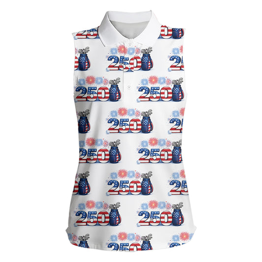 USA 250th Anniversary Womens Sleeveless Golf Polo Shirt Custom Golf Pattern Patriotic Golf Tops NHN0234