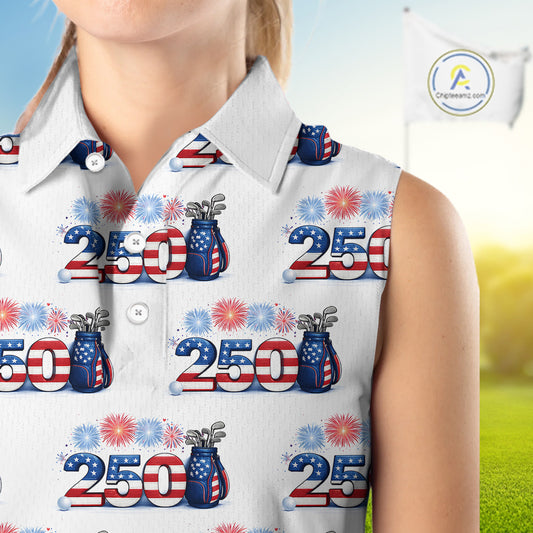 USA 250th Anniversary Womens Sleeveless Golf Polo Shirt Custom Golf Pattern Patriotic Golf Tops NHN0234