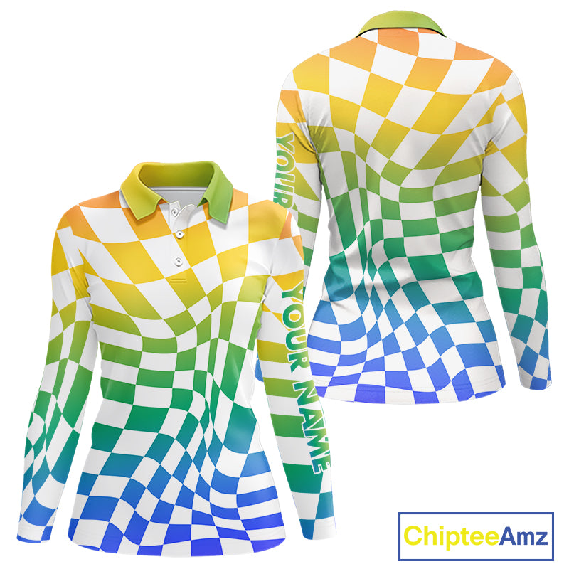 Womens Long Sleeve Golf Polo Shirt Custom Colorful Checkerboard Argyle Pattern Golf Shirts For Ladies NHN0127