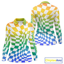Load image into Gallery viewer, Womens Long Sleeve Golf Polo Shirt Custom Colorful Checkerboard Argyle Pattern Golf Shirts For Ladies NHN0127