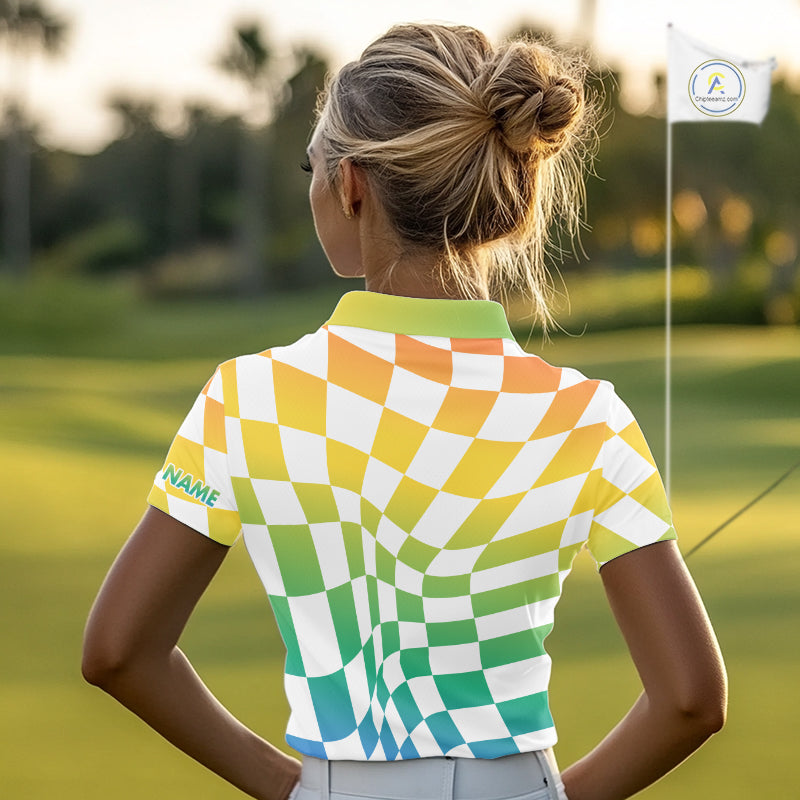 Womens Golf Polo Shirt Custom Colorful Checkerboard Argyle Pattern Golf Shirts For Ladies NHN0127