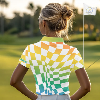Womens Golf Polo Shirt Custom Colorful Checkerboard Argyle Pattern Golf Shirts For Ladies NHN0127