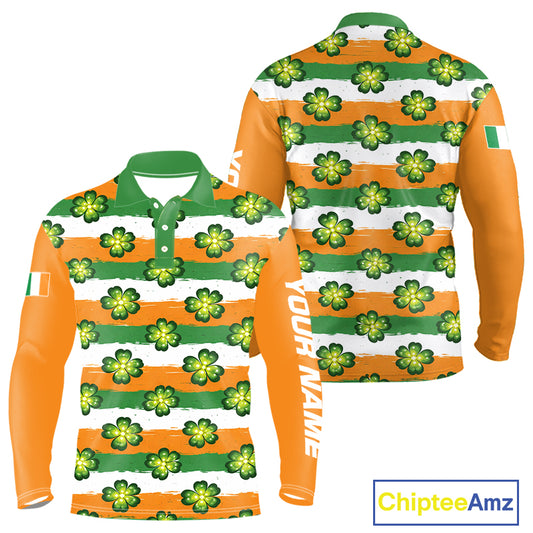 Long Sleeve Golf Polo Shirt Custom Green Clover St Patricks Day Pattern Ireland Flag Golf Shirt For Men NHN0138